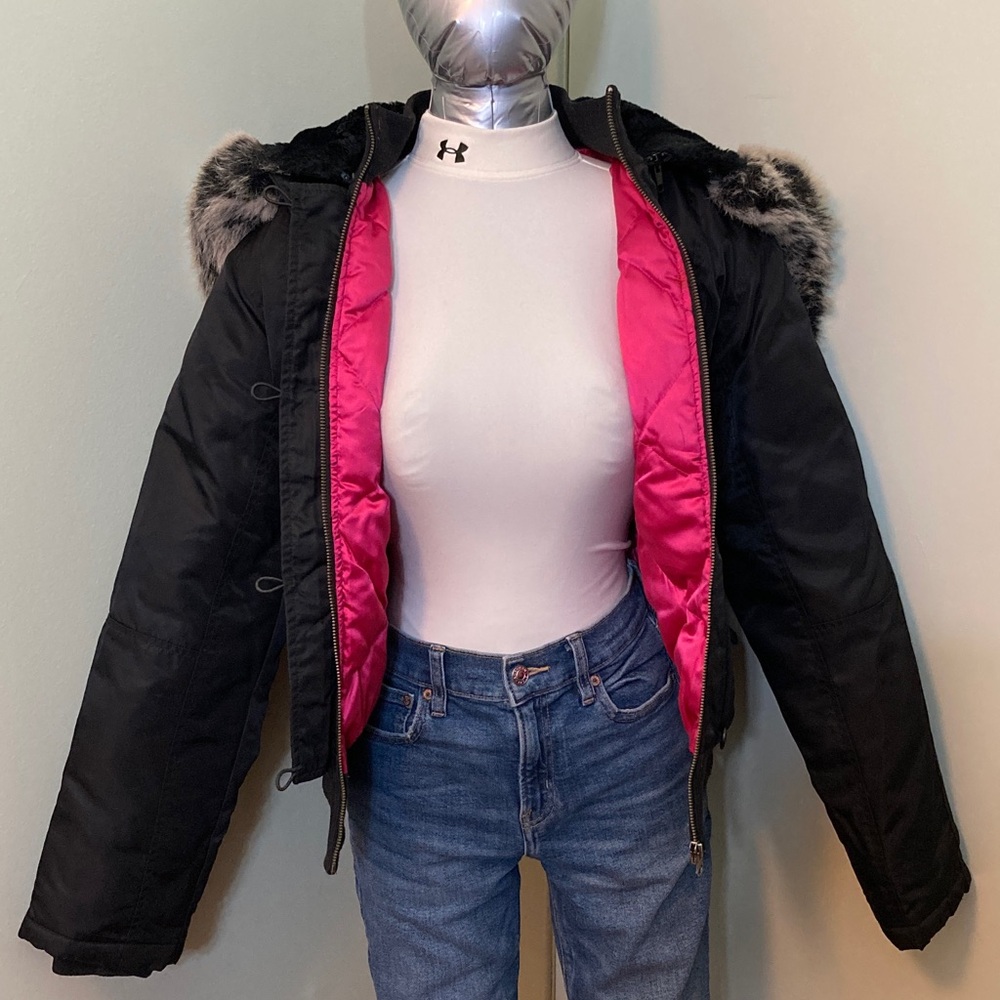 Triple Five Soul Black Hooded Winter Jacket with Faux Fur Trim and Down Filler